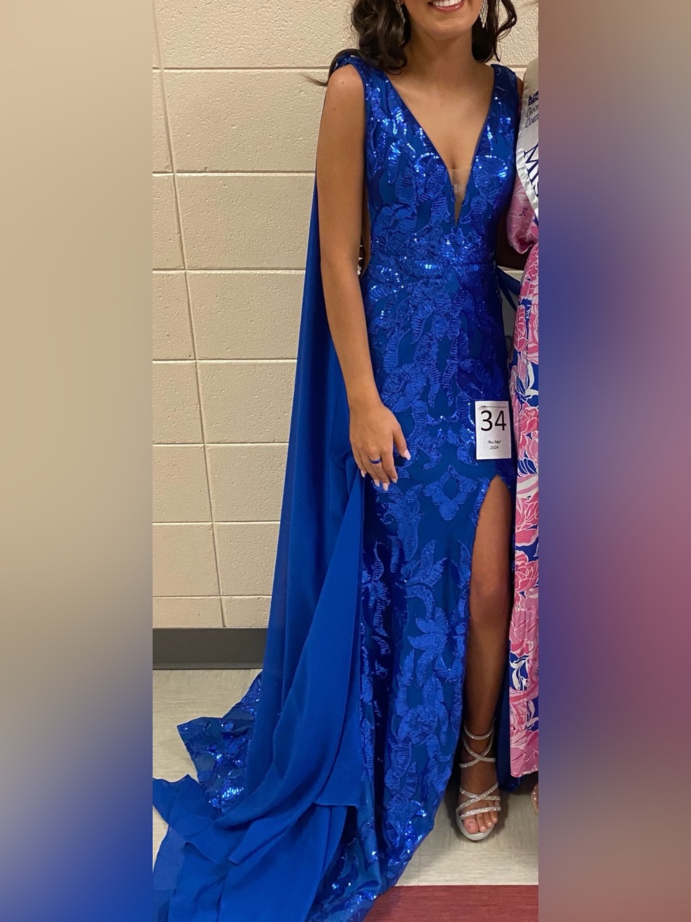 Royal Blue Sequin Evening Gown with detachable capes